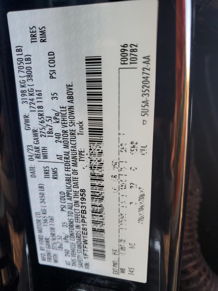 2023 Ford F150 Supercrew VIN: 1FTFW1E81PFB31958 Lot: 85508255