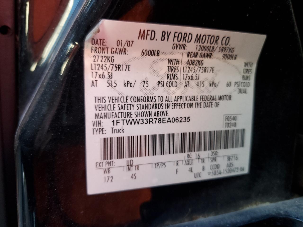 2008 Ford F350 Super Duty VIN: 1FTWW33R78EA06235 Lot: 87035075