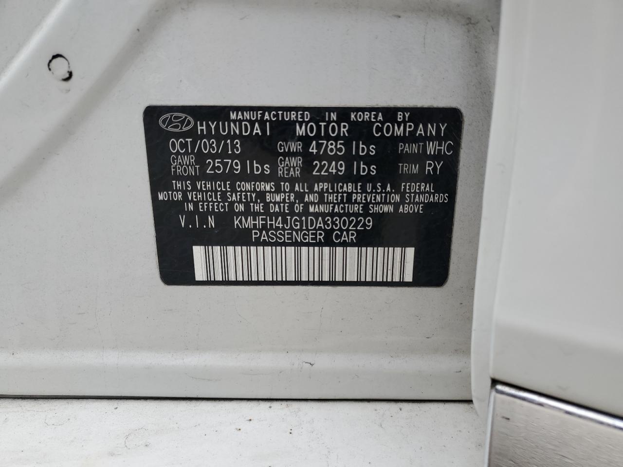 2013 Hyundai Azera Gls VIN: KMHFH4JG1DA330229 Lot: 89662385