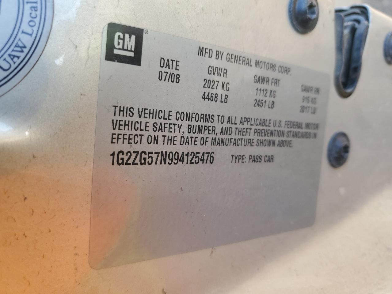 2009 Pontiac G6 VIN: 1G2ZG57N994125476 Lot: 90652955