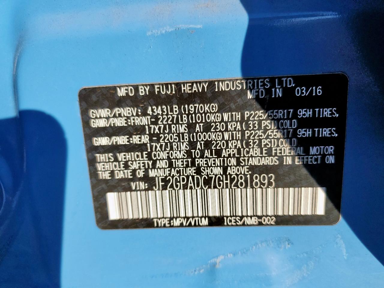 2016 Subaru Crosstrek Premium VIN: JF2GPADC7GH281893 Lot: 86189525