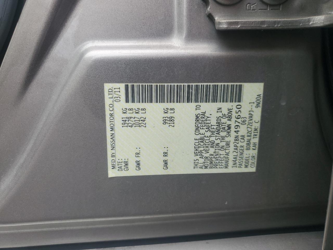 2011 Nissan Altima Base VIN: 1N4AL2AP2BN497650 Lot: 81958455