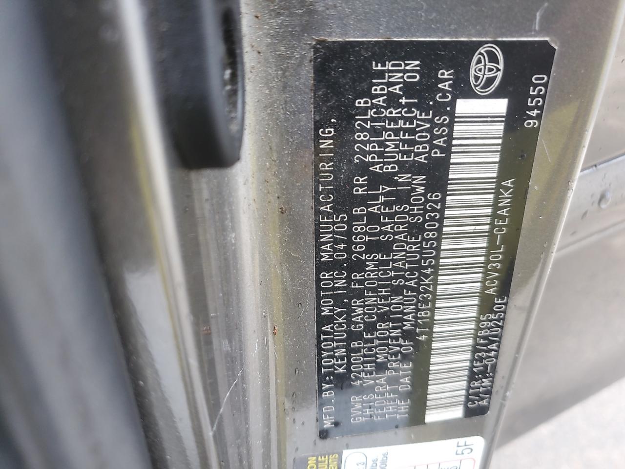 2005 Toyota Camry Le VIN: 4T1BE32K45U580326 Lot: 86108125