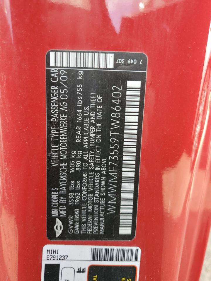 2009 Mini Cooper S VIN: WMWMF73559TW86402 Lot: 84057315