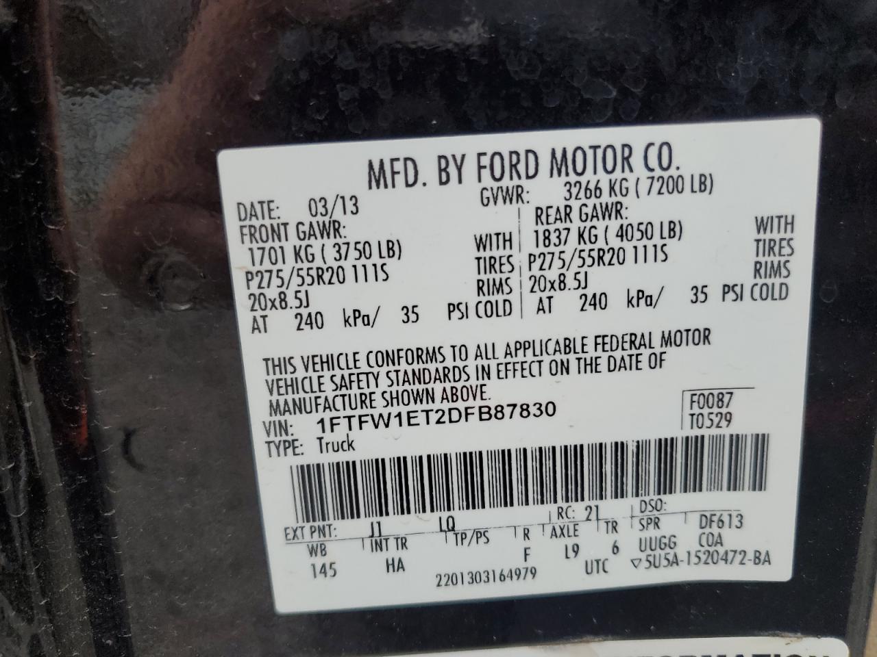 2013 Ford F150 Supercrew VIN: 1FTFW1ET2DFB87830 Lot: 90052205
