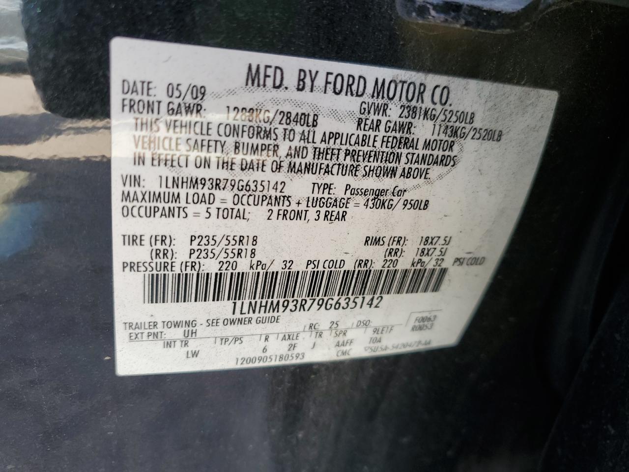 2009 Lincoln Mks VIN: 1LNHM93R79G635142 Lot: 89530775