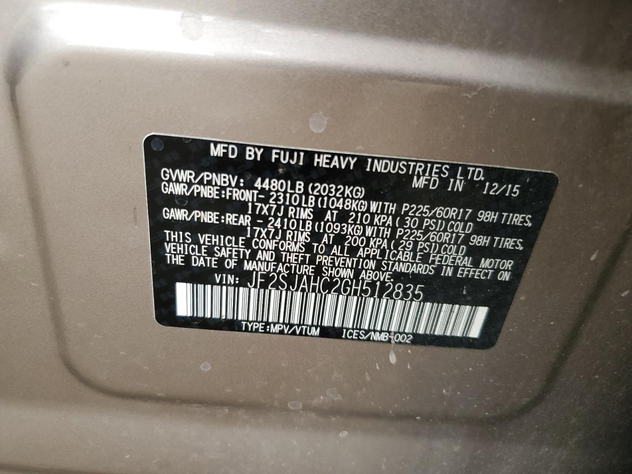 2016 Subaru Forester 2.5I Limited VIN: JF2SJAHC2GH512835 Lot: 85760485