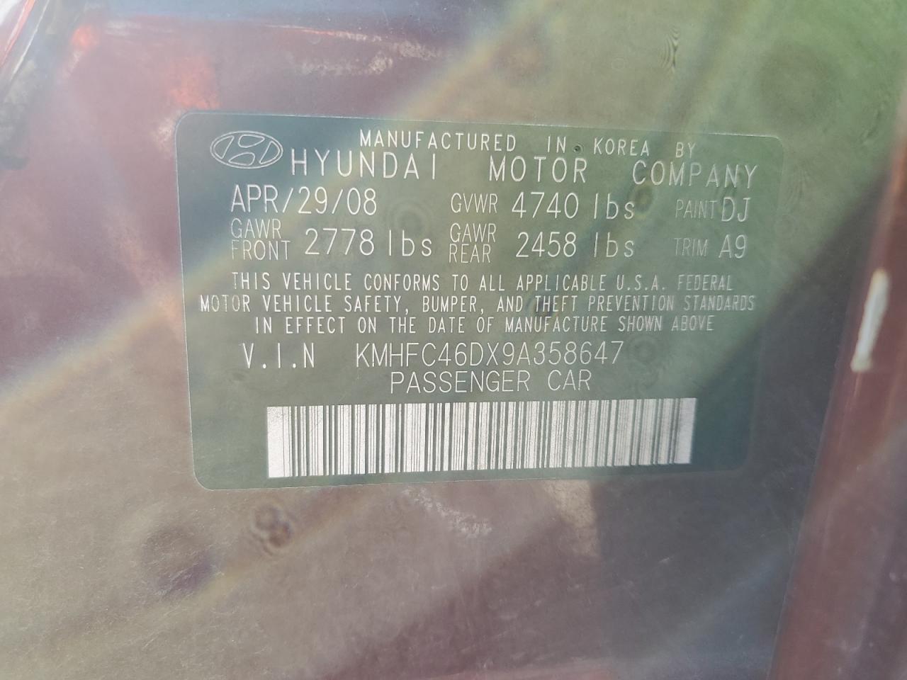 2009 Hyundai Azera Gls VIN: KMHFC46DX9A358647 Lot: 82385515