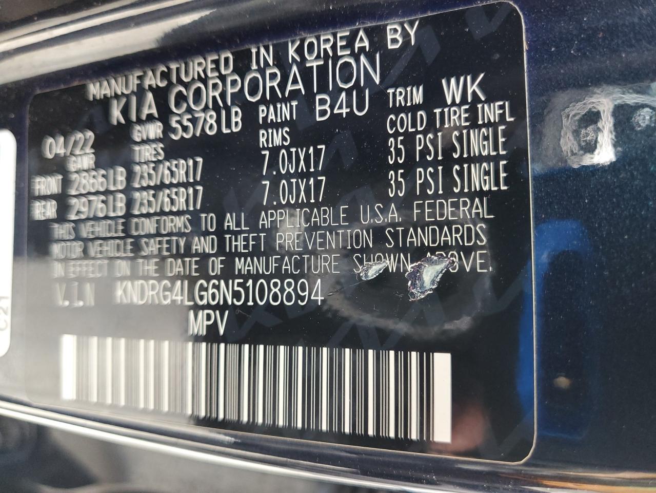 2022 Kia Sorento S VIN: KNDRG4LG6N5108894 Lot: 89438685