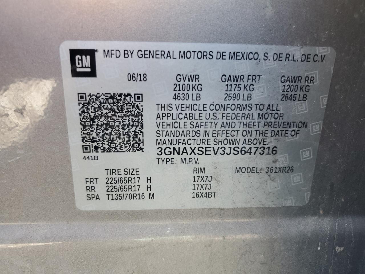 2018 Chevrolet Equinox Lt VIN: 3GNAXSEV3JS647316 Lot: 82434285