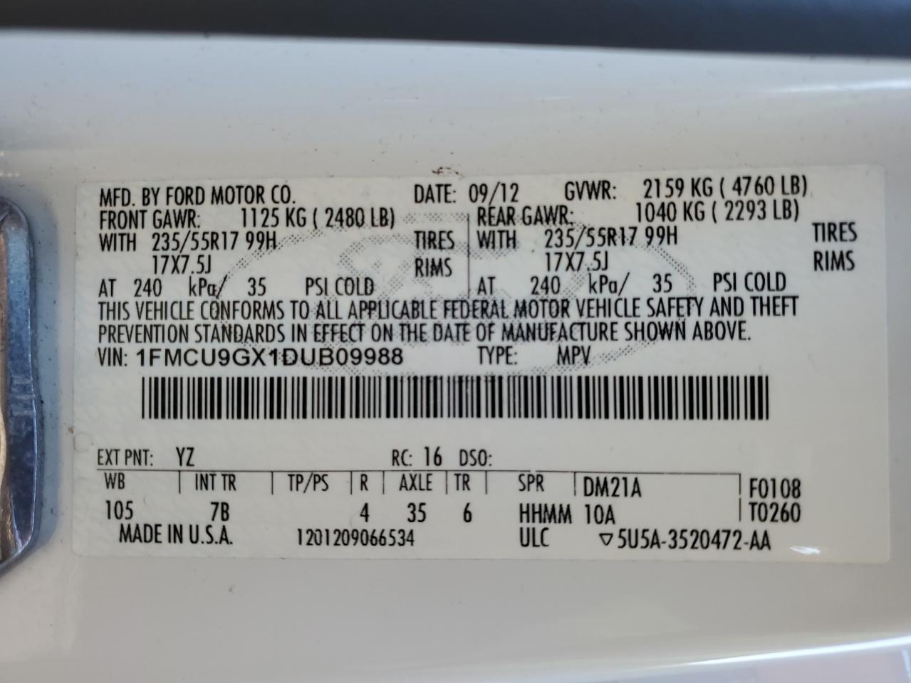 2013 Ford Escape Se VIN: 1FMCU9GX1DUB09988 Lot: 84817495