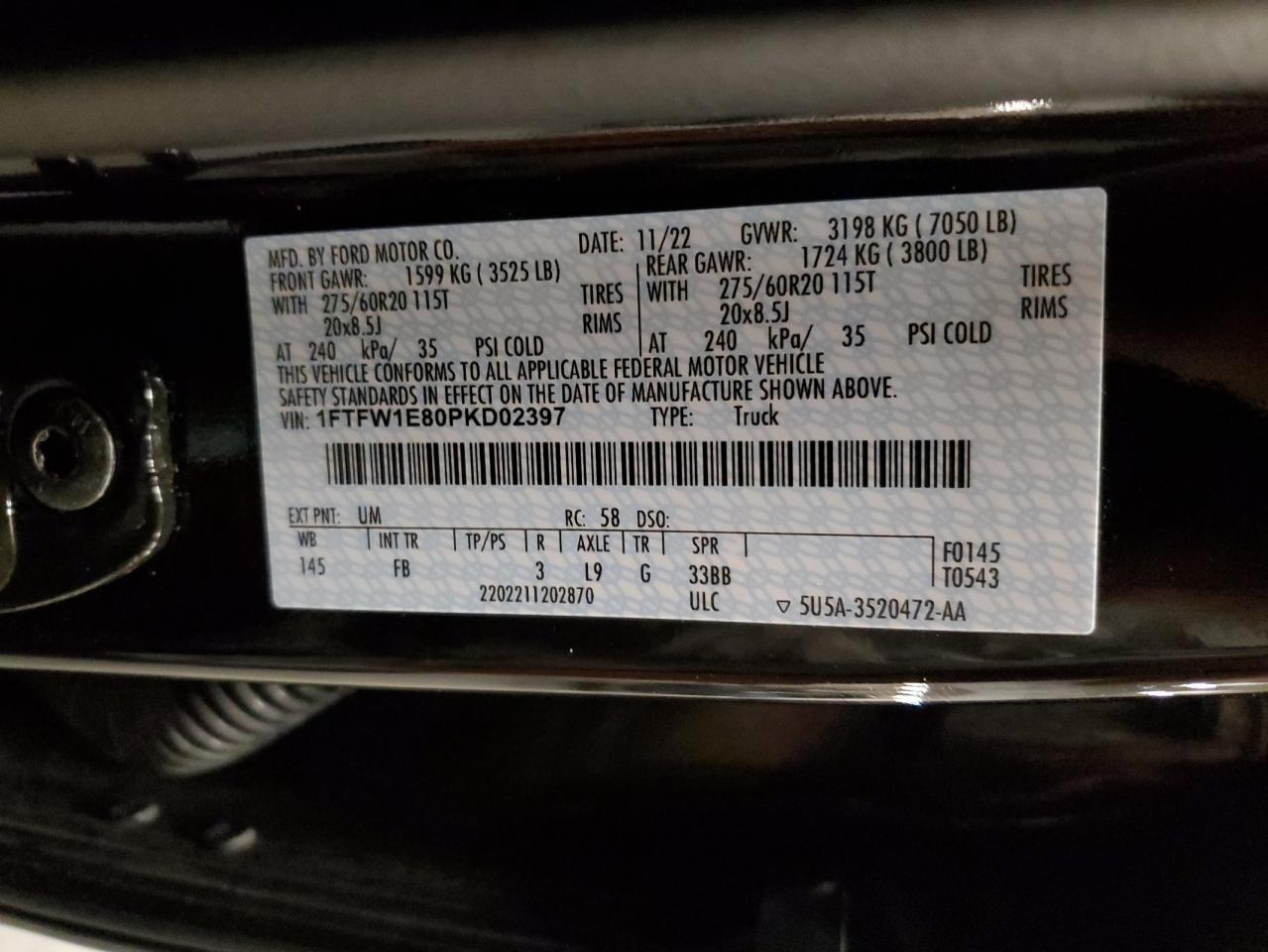 2023 Ford F150 Supercrew VIN: 1FTFW1E80PKD02397 Lot: 85178075