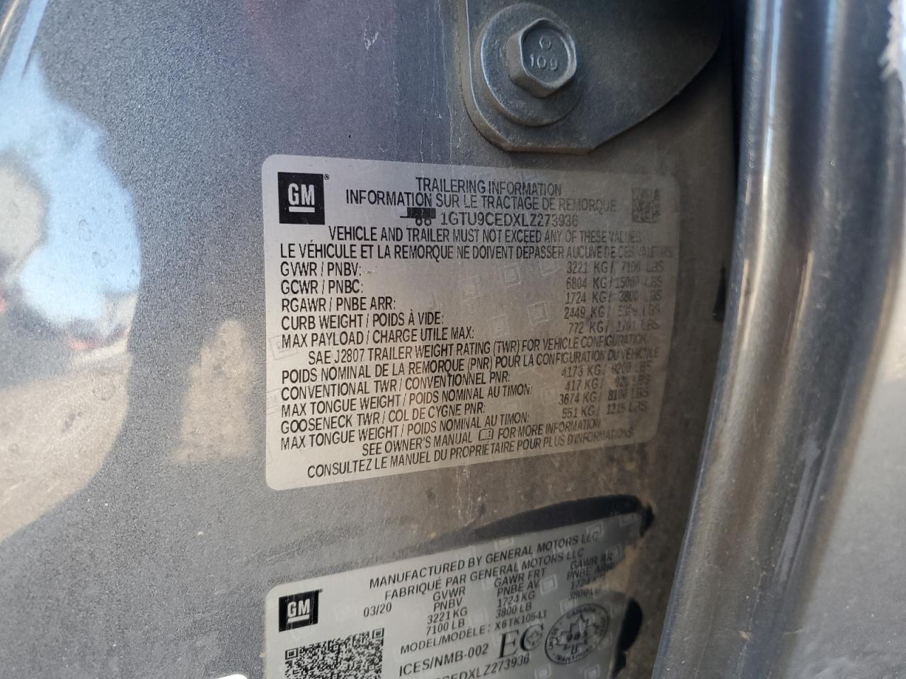 2020 GMC Sierra K1500 Elevation VIN: 1GTU9CEDXLZ273936 Lot: 82764015