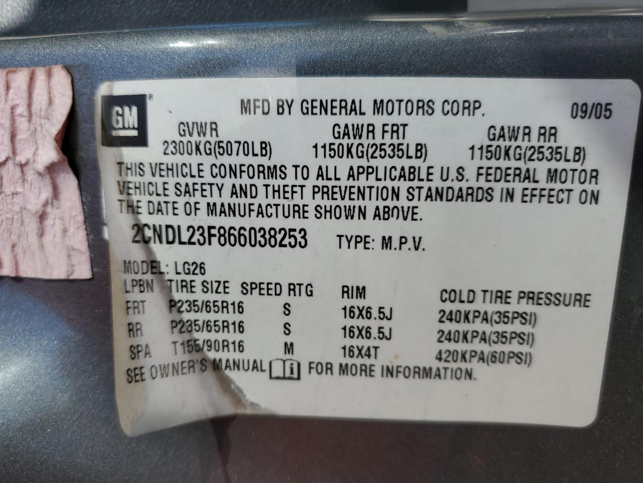 2006 Chevrolet Equinox Ls VIN: 2CNDL23F866038253 Lot: 85879265