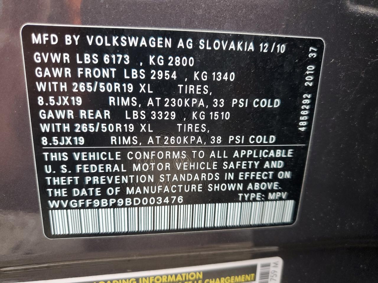 2011 Volkswagen Touareg V6 VIN: WVGFF9BP9BD003476 Lot: 90568355