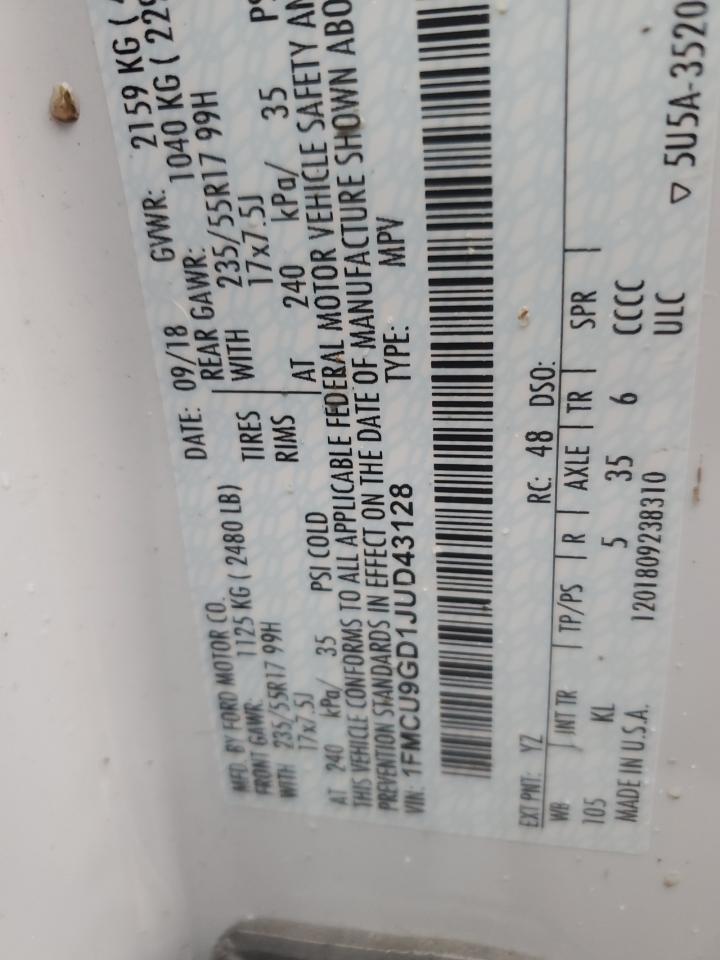 2018 Ford Escape Se VIN: 1FMCU9GD1JUD43128 Lot: 90490445