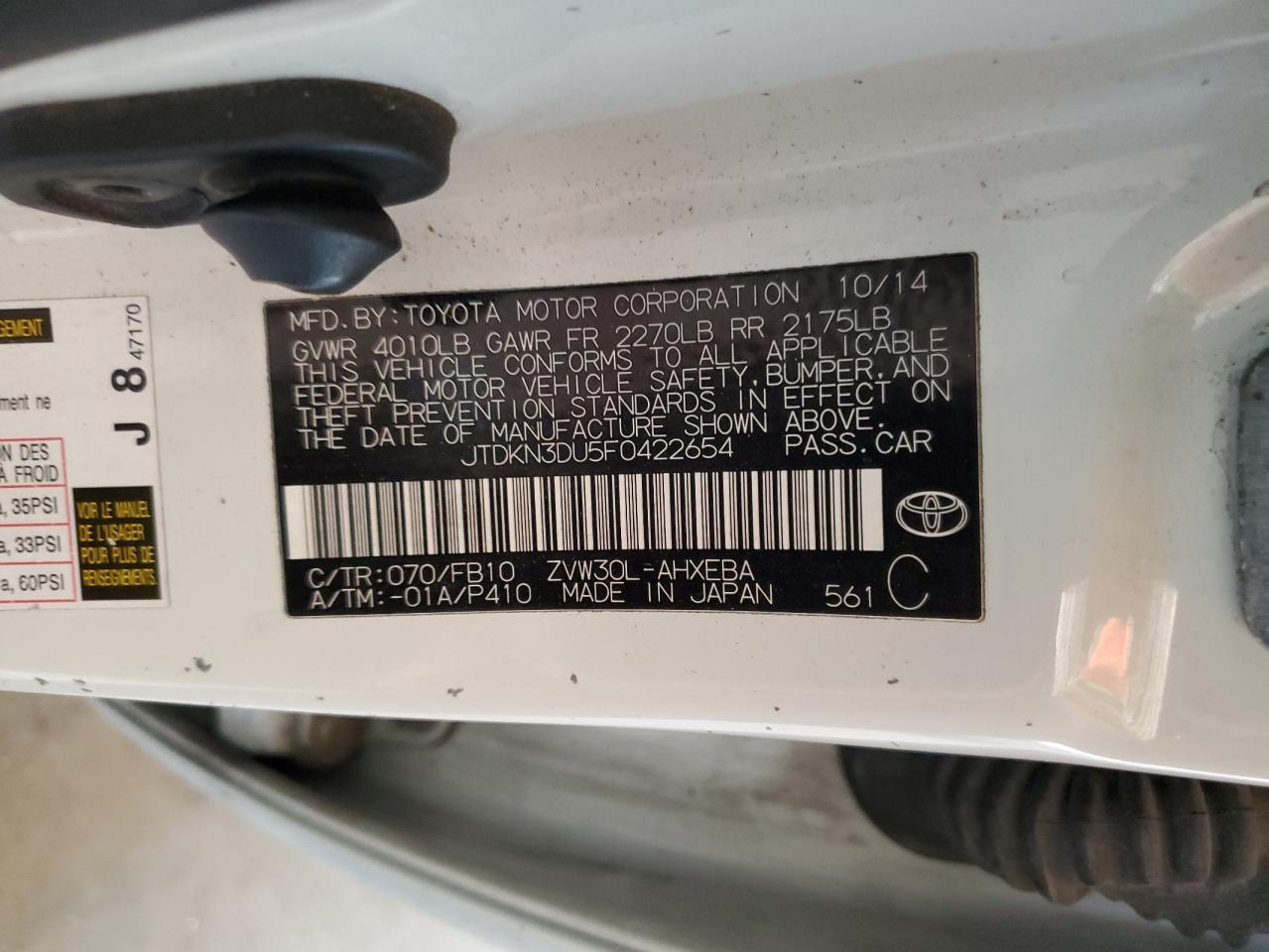 2015 Toyota Prius VIN: JTDKN3DU5F0422654 Lot: 85301285