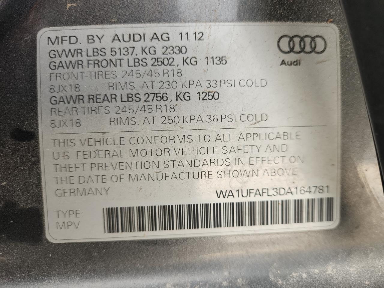 2013 Audi A4 Allroad Premium Plus VIN: WA1UFAFL3DA164781 Lot: 82531825