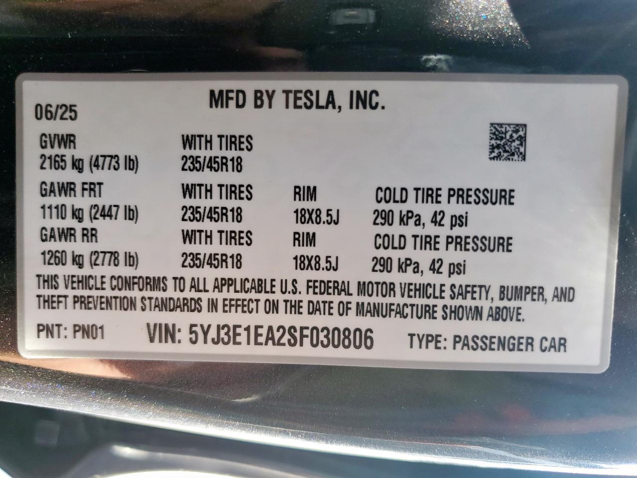 2025 Tesla Model 3 VIN: 5YJ3E1EA2SF030806 Lot: 90486115