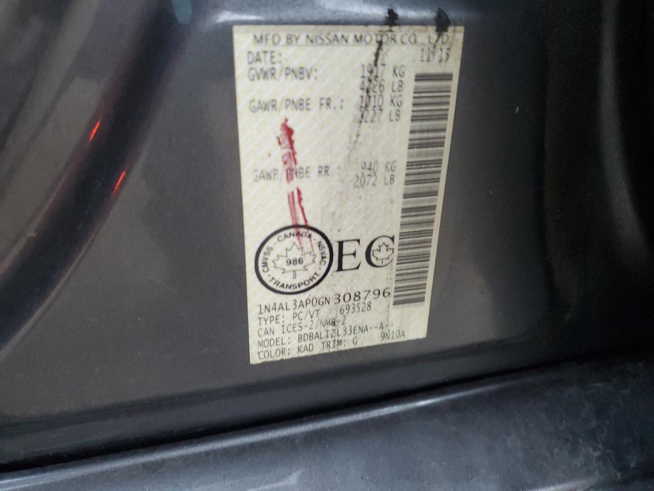 2016 Nissan Altima 2.5 VIN: 1N4AL3AP0GN308796 Lot: 90310815