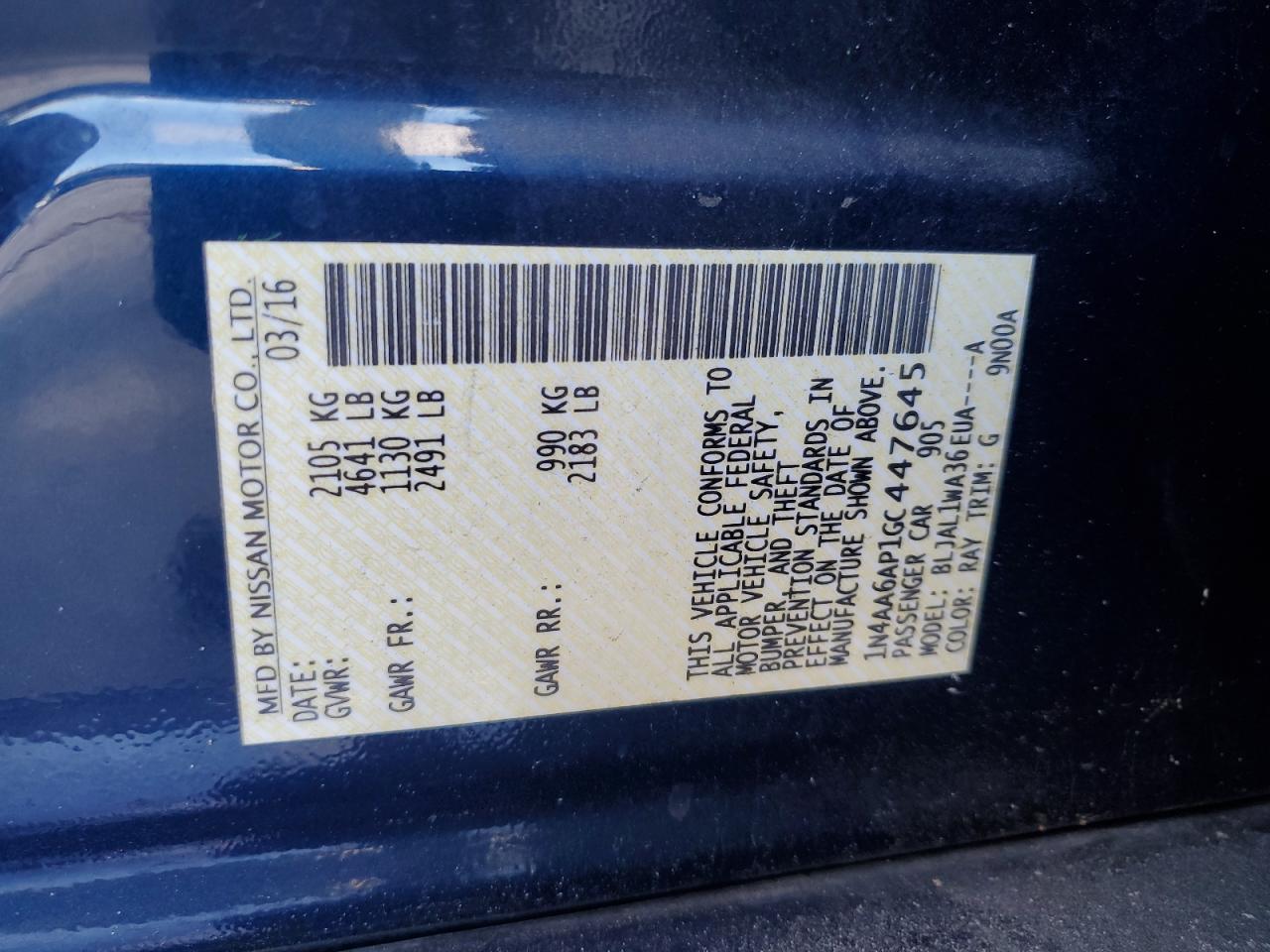 2016 Nissan Maxima 3.5S VIN: 1N4AA6AP1GC447645 Lot: 89554185