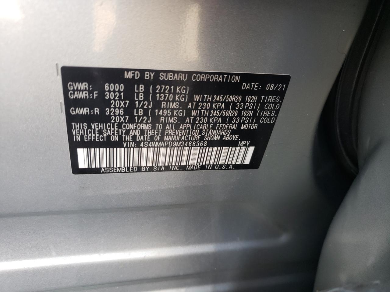 2021 Subaru Ascent Limited VIN: 4S4WMAPD9M3468368 Lot: 81912195