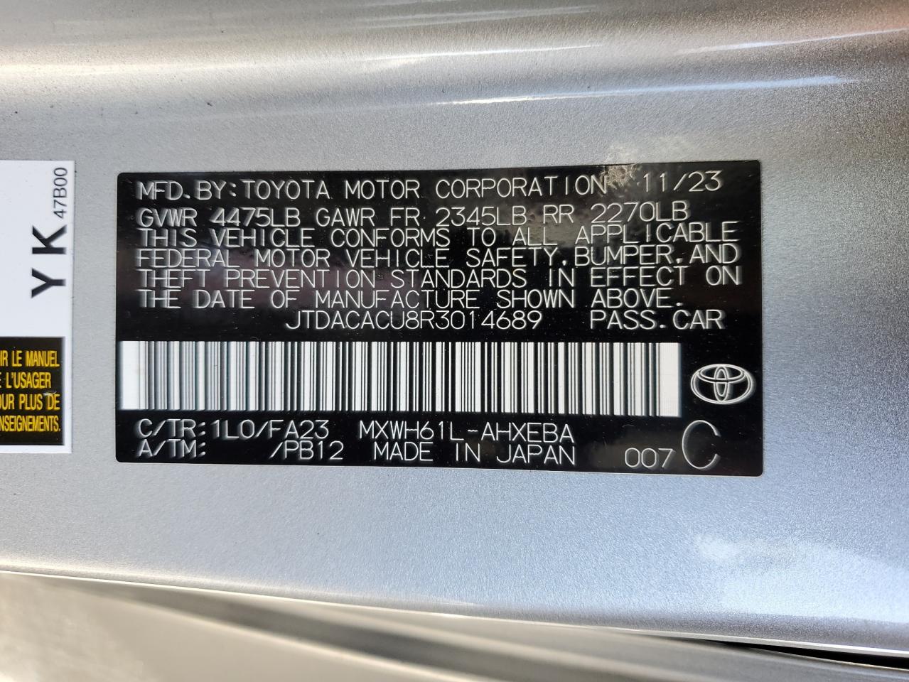 2024 Toyota Prius Prime Se VIN: JTDACACU8R3014689 Lot: 85173005