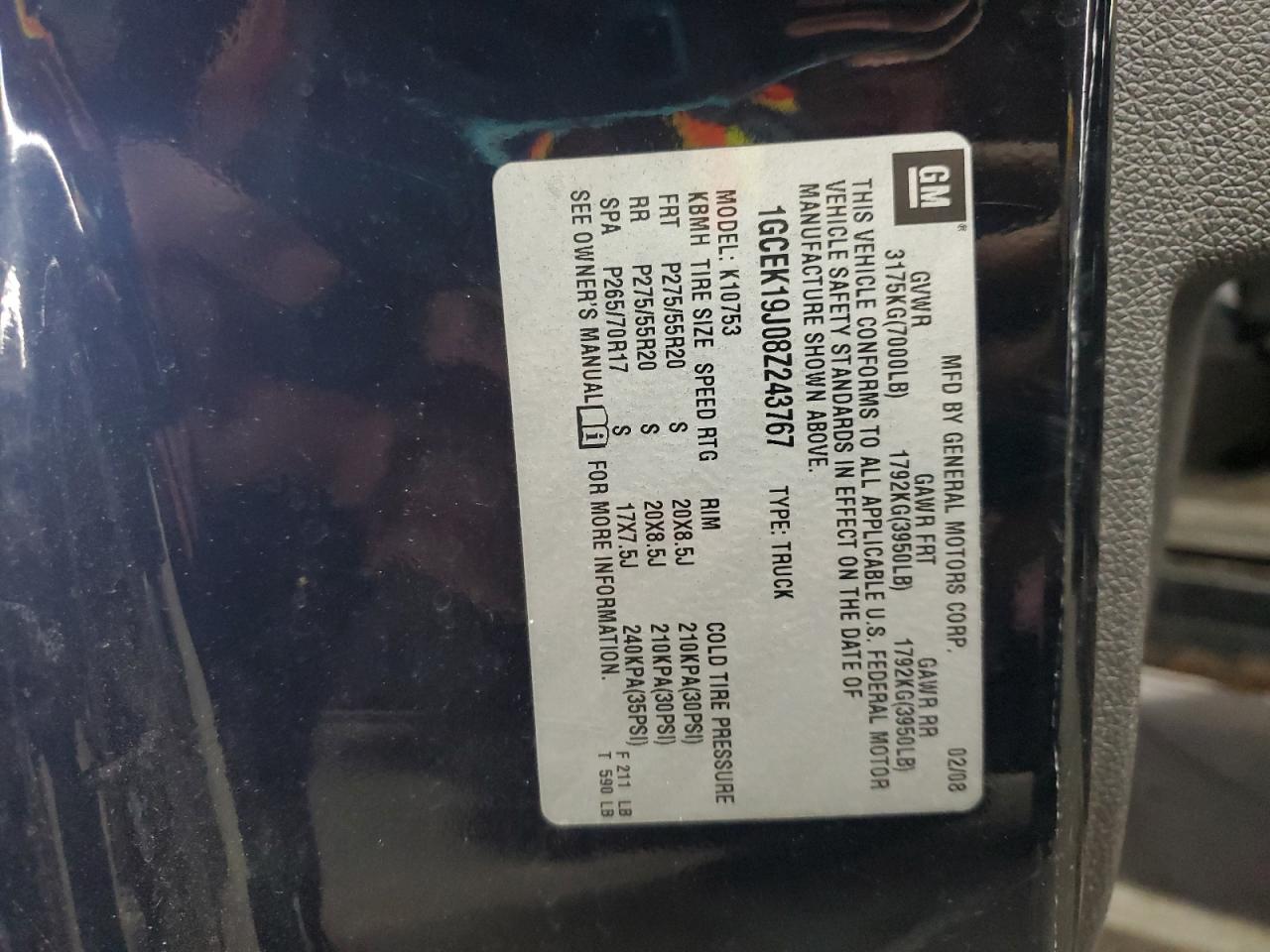 2008 Chevrolet Silverado K1500 VIN: 1GCEK19J08Z243767 Lot: 65978115