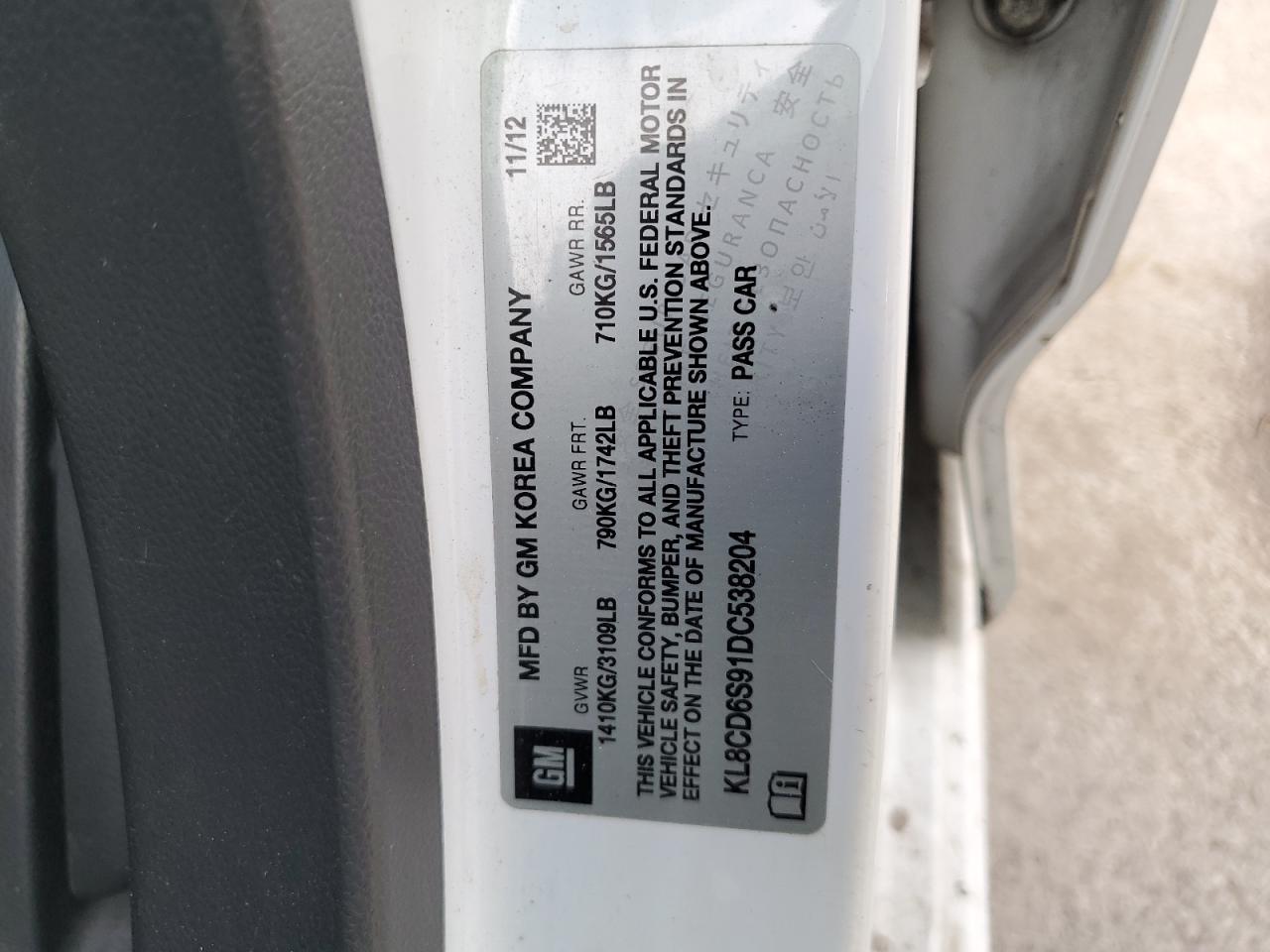 2013 Chevrolet Spark 1Lt VIN: KL8CD6S91DC538204 Lot: 86118085