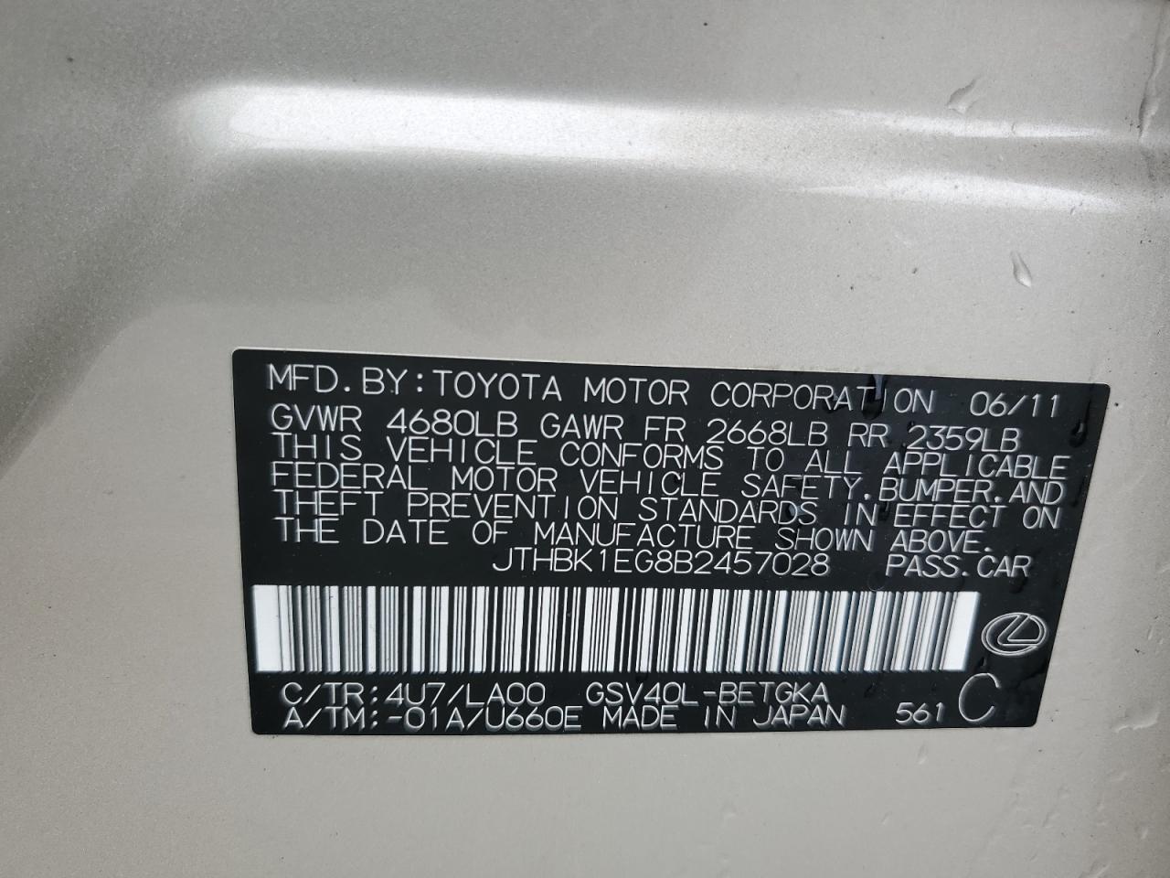 2011 Lexus Es 350 VIN: JTHBK1EG8B2457028 Lot: 89895865