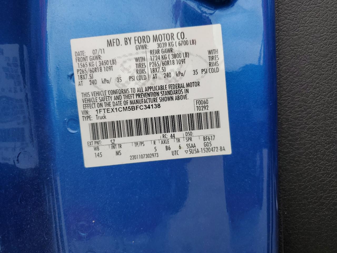 2011 Ford F150 Super Cab VIN: 1FTEX1CM5BFC34138 Lot: 85936435