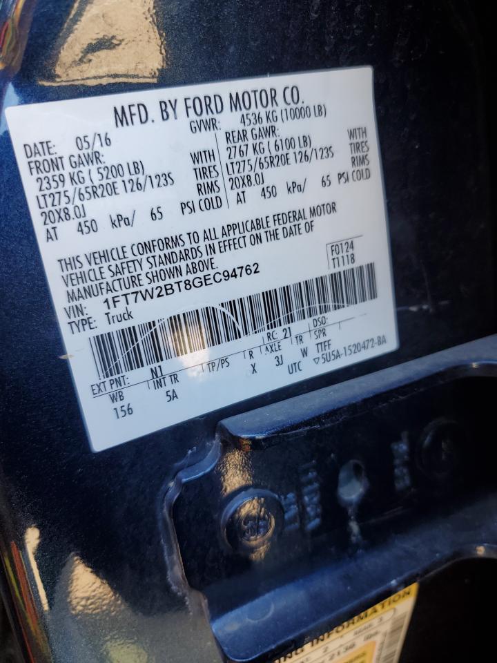 2016 Ford F250 Super Duty VIN: 1FT7W2BT8GEC94762 Lot: 85723945