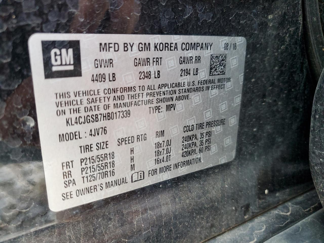2017 Buick Encore Essence VIN: KL4CJGSB7HB017339 Lot: 82224415