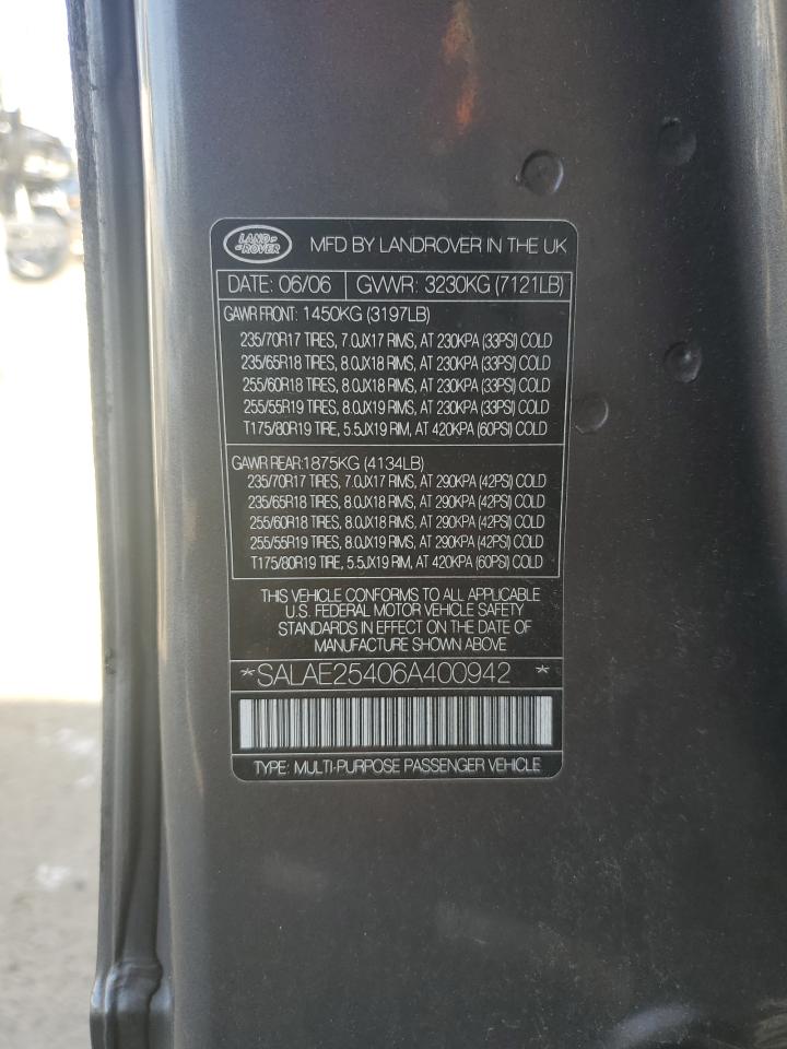 2006 Land Rover Lr3 Se VIN: SALAE25406A400942 Lot: 85199975