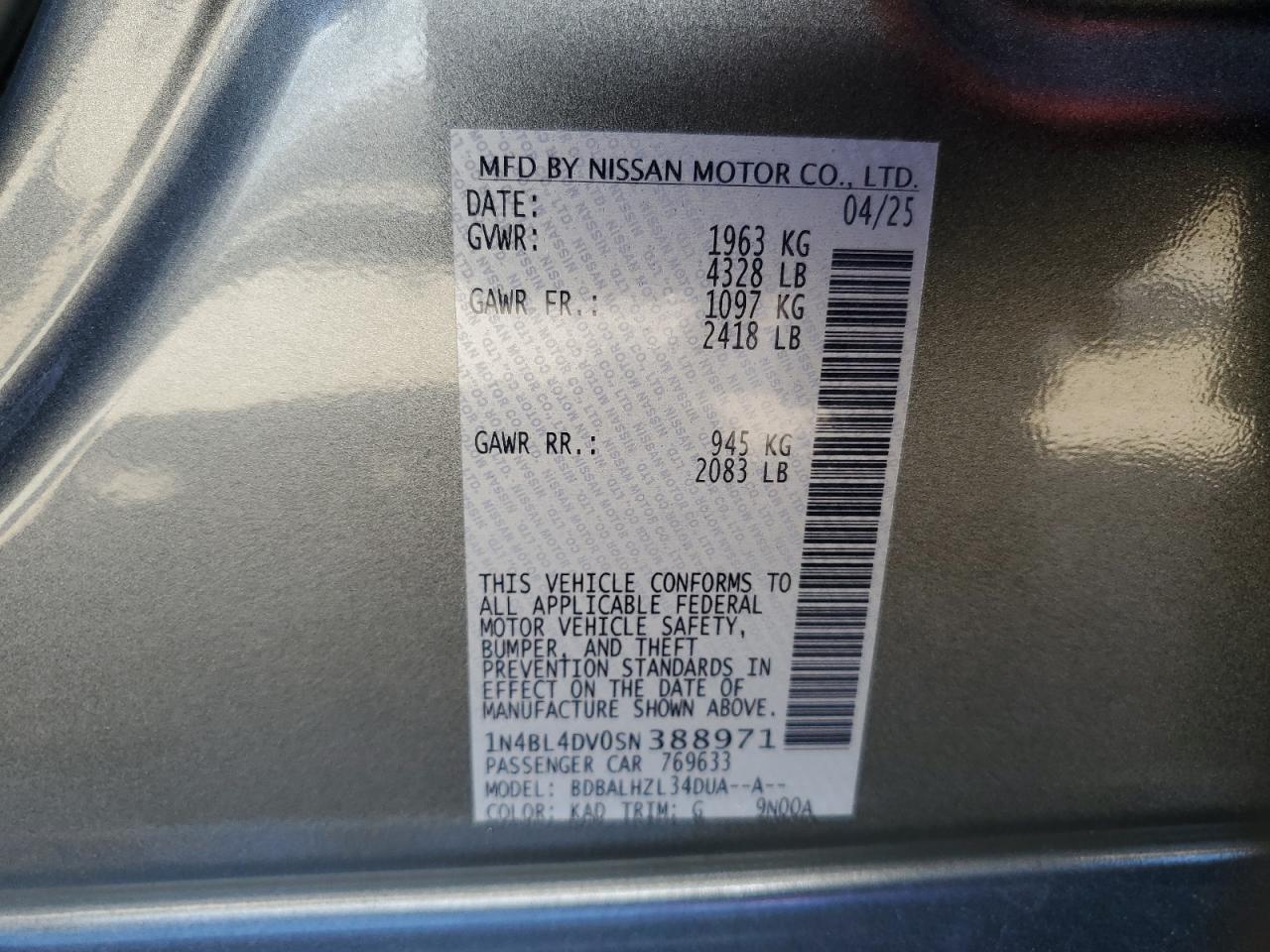 2025 Nissan Altima Sv VIN: 1N4BL4DV0SN388971 Lot: 85157495