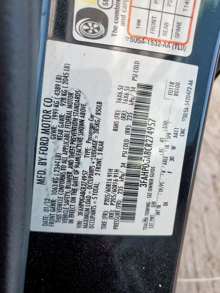 2012 Ford Fusion S VIN: 3FAHP0GA8CR274957 Lot: 85783085