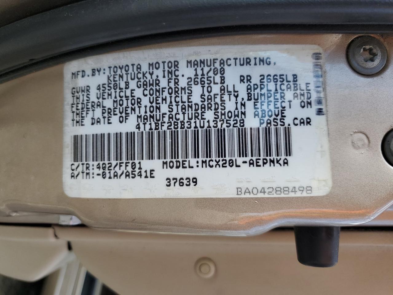 2001 Toyota Avalon Xl VIN: 4T1BF28B31U137528 Lot: 81429825