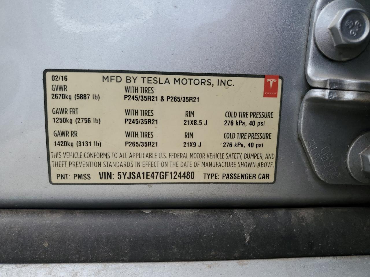 2016 Tesla Model S VIN: 5YJSA1E47GF124480 Lot: 86298575