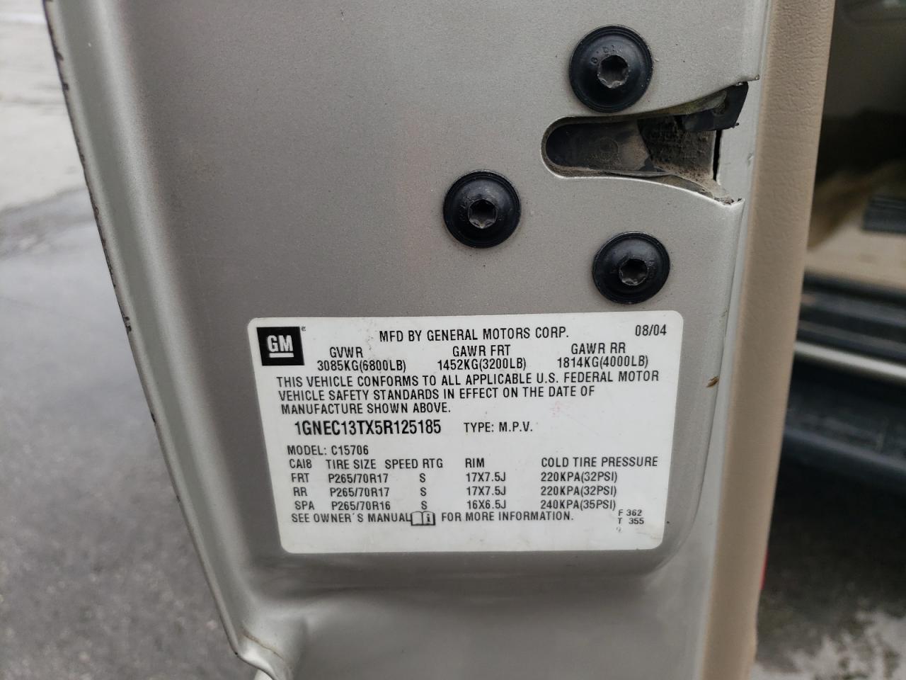 2005 Chevrolet Tahoe C1500 VIN: 1GNEC13TX5R125185 Lot: 81866125