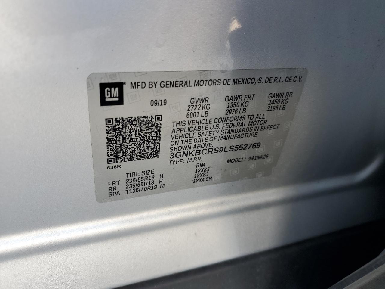 2020 Chevrolet Blazer 2Lt VIN: 3GNKBCRS9LS552769 Lot: 84932835