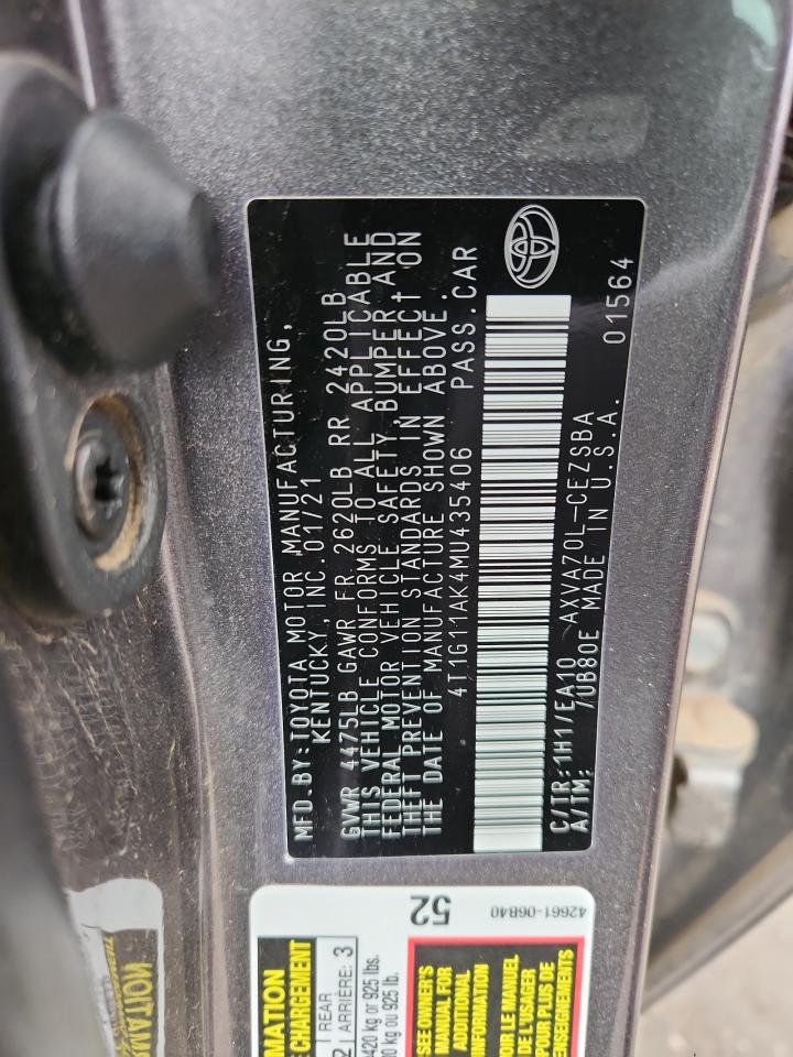 2021 Toyota Camry Se VIN: 4T1G11AK4MU435406 Lot: 86093085