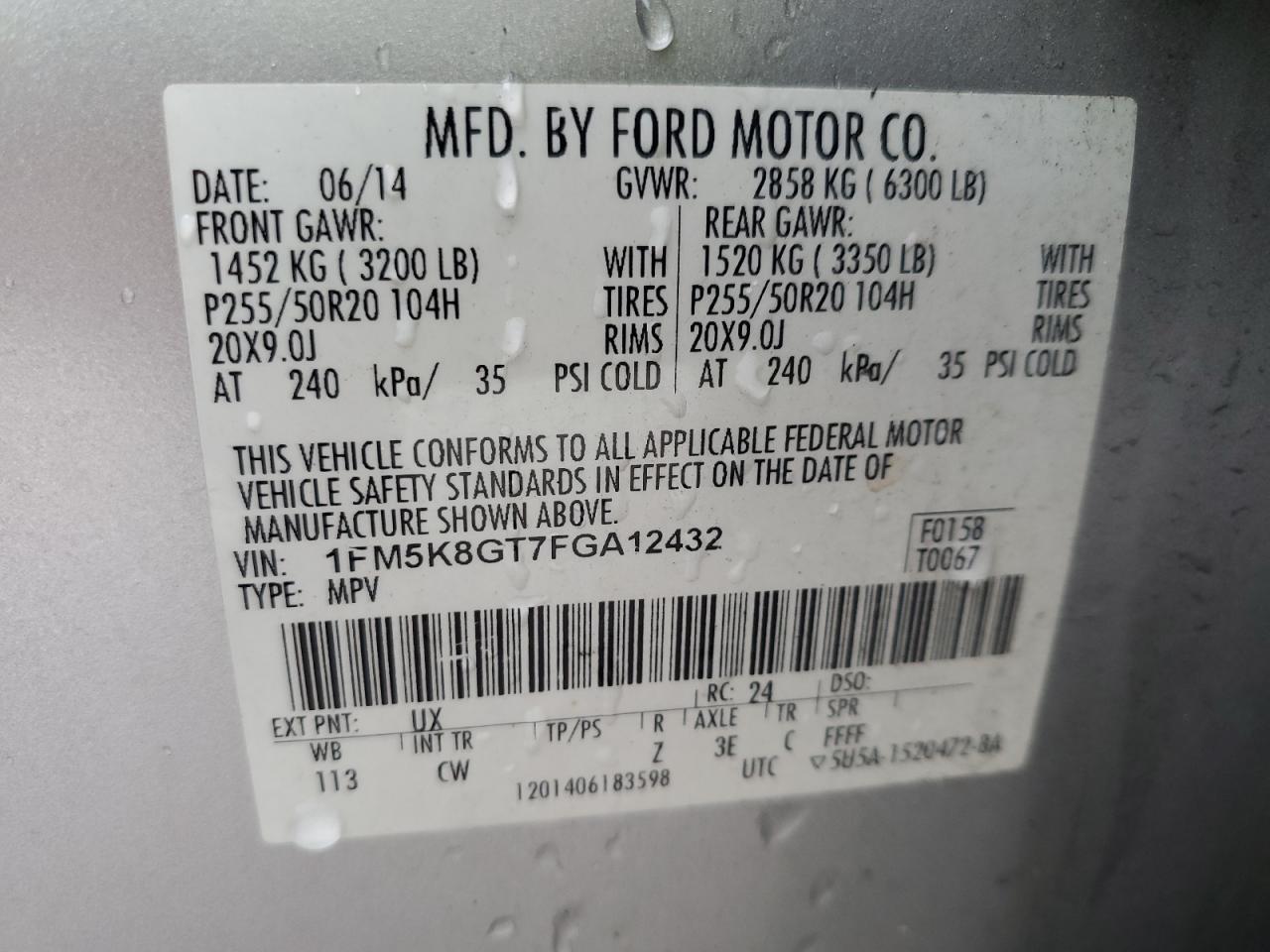 2015 Ford Explorer Sport VIN: 1FM5K8GT7FGA12432 Lot: 85343905