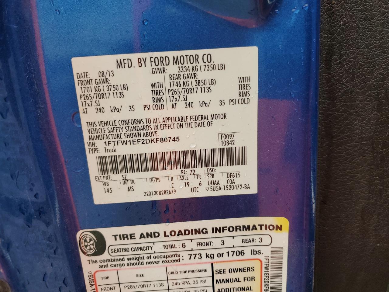 2013 Ford F150 Supercrew VIN: 1FTFW1EF2DKF80745 Lot: 90630275