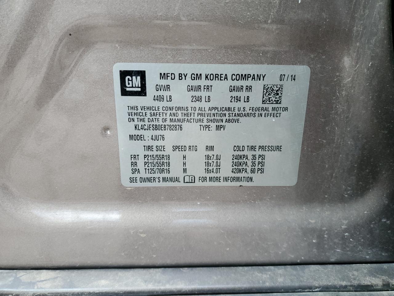 2014 Buick Encore VIN: KL4CJESB0EB782876 Lot: 90451505