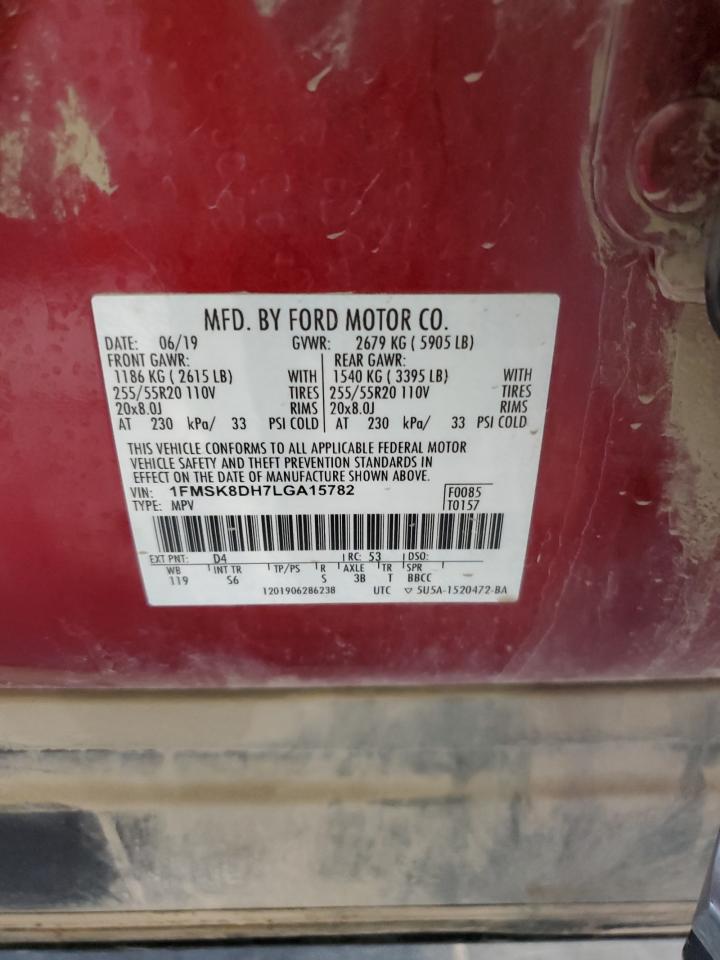 2020 Ford Explorer Xlt VIN: 1FMSK8DH7LGA15782 Lot: 84625215