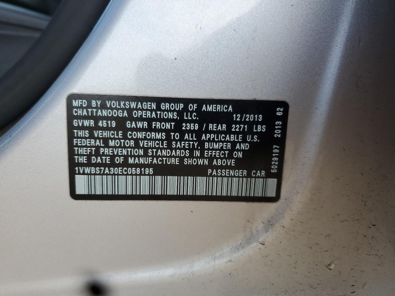 2014 Volkswagen Passat Se VIN: 1VWBS7A30EC058195 Lot: 85943065