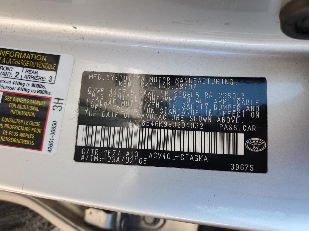 2008 Toyota Camry Ce VIN: 4T1BE46K98U204032 Lot: 85464775