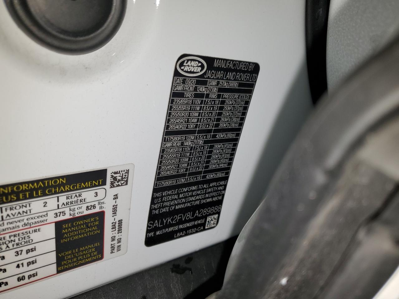 2020 Land Rover Range Rover Velar R-Dynamic S VIN: SALYK2FV8LA289888 Lot: 89551145