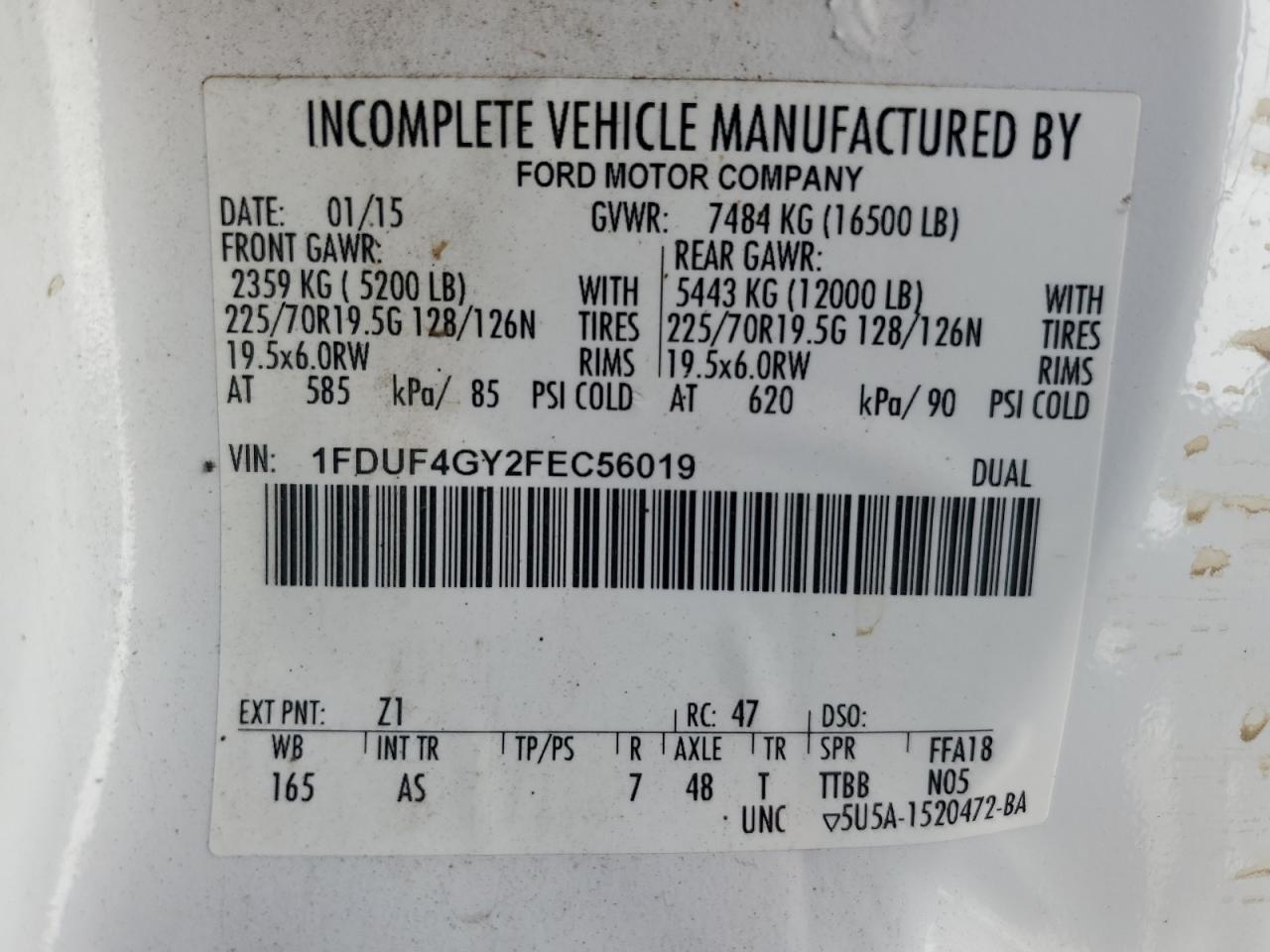2015 Ford F450 Super Duty VIN: 1FDUF4GY2FEC56019 Lot: 84239035
