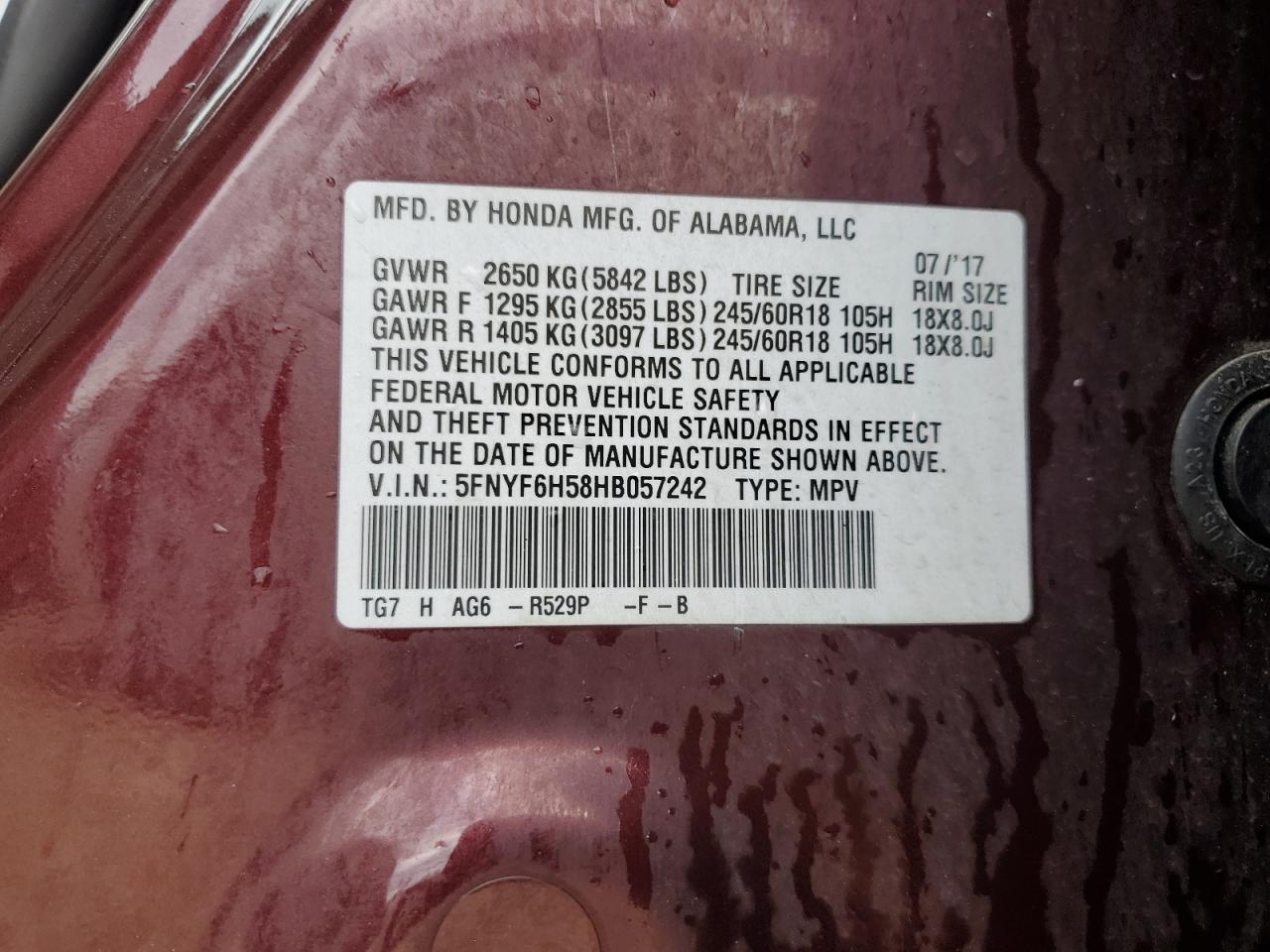 2017 Honda Pilot Exl VIN: 5FNYF6H58HB057242 Lot: 89669345